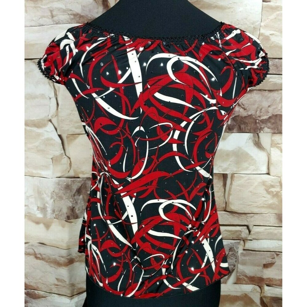 Agenda Womens Petite M Sequin Top Blouse Red Black - Picture 5 of 10